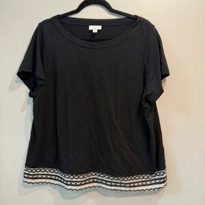 J. Jill Black Cotton Modal Lace Hem Short Sleeve Top XL Crochet Trim Boho Tee